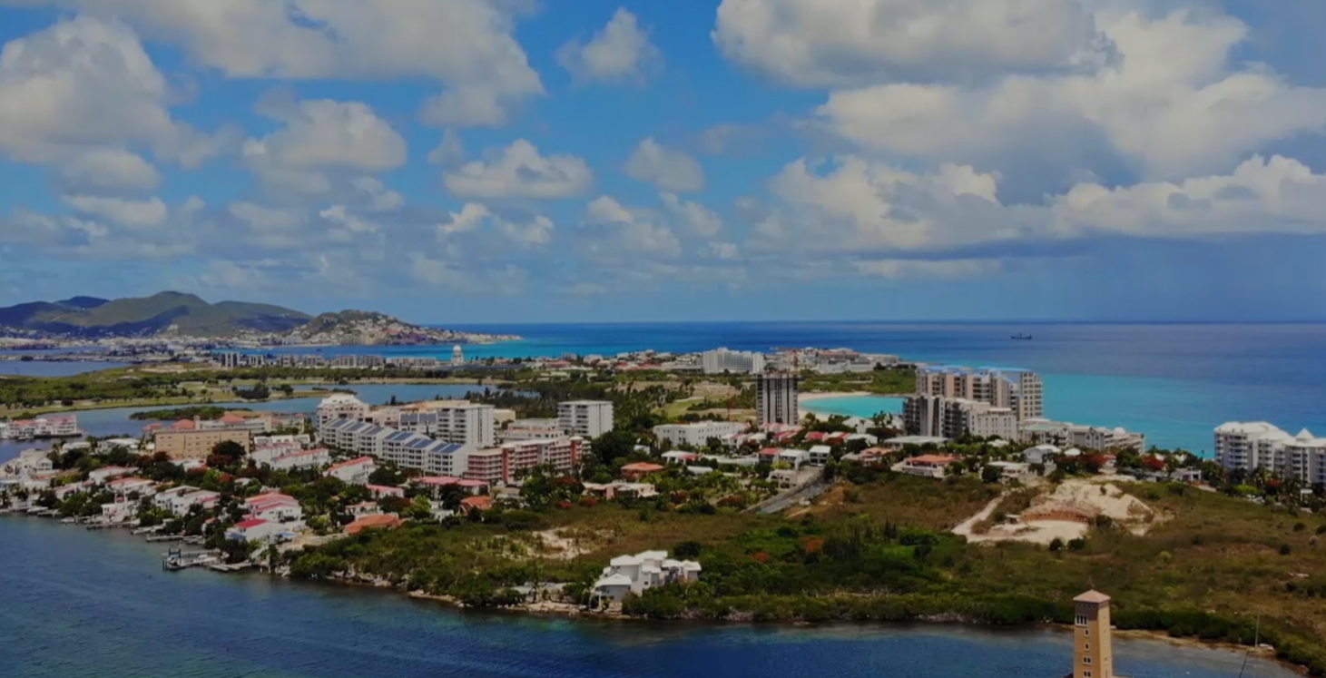Aerial view of Sint Maarten coastline with villas